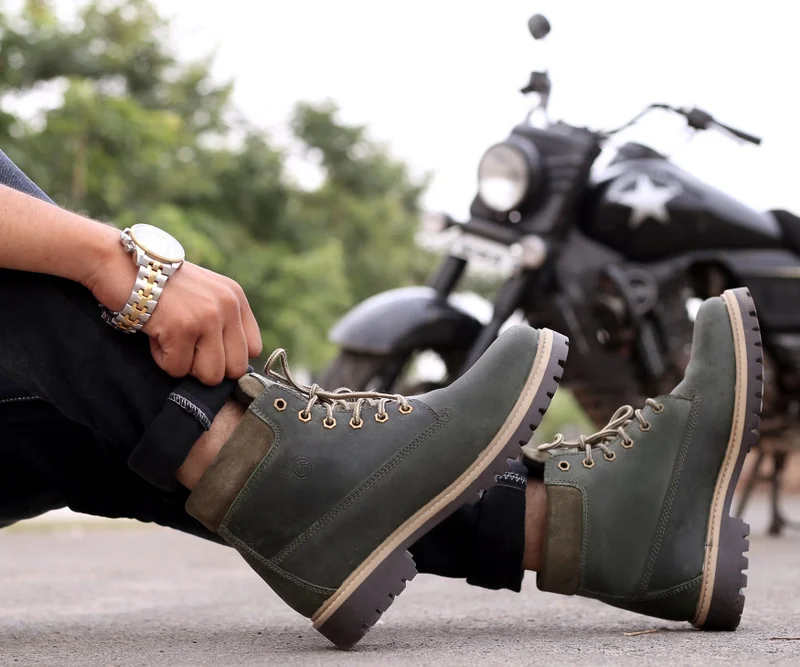 Bacca Bucci Olive Bullet Splash Proof Leather Boots for Biking & Hiking for Men | Best Price UAE